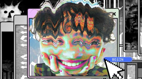 Artwork of a person's face distorted on a laptop screen. Near them is a button that says 'begin'